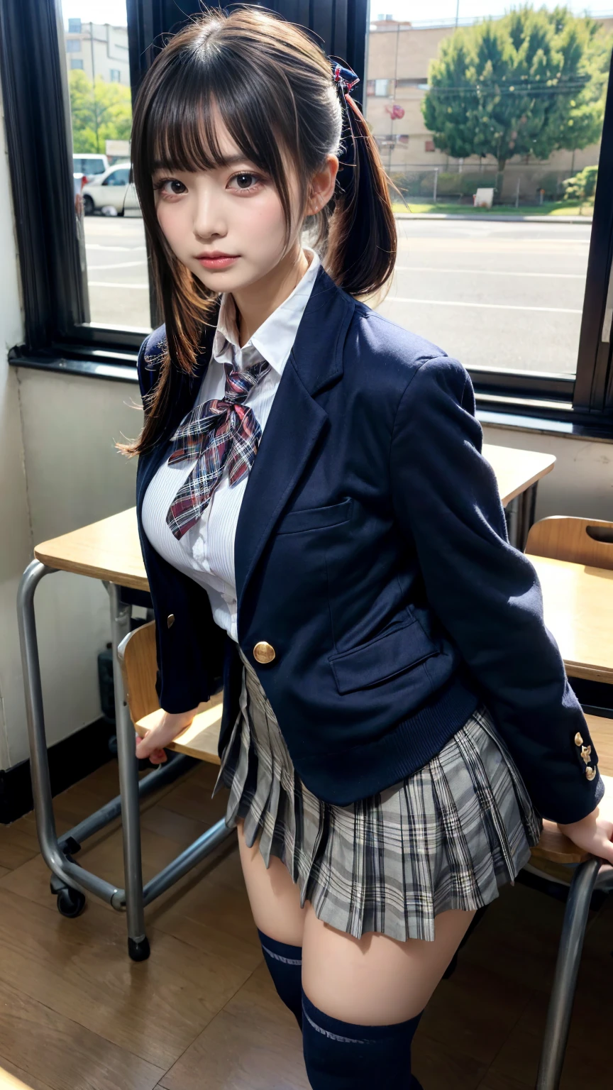 masterpiece, best quality, illustration, Super detailed, fine details, High resolution, 8K,wall paper, perfect dynamic composition,(Details High quality, realistic depiction of eyes:1.3), from side, High School Classroom、High school girl uniform、blazer 、Super Short Check Uniform Skirt、Navy blue high socks、garterbelts、plump breasts, Disturbed uniform, (updo:1.2), black hair color, large breasts, Big Natural Color Lip, bold sexy pose, (perfect body shape), crying a little、20 year old girl、cute type, beautiful legs, hposing Gravure Idol, Voluptuous thighs