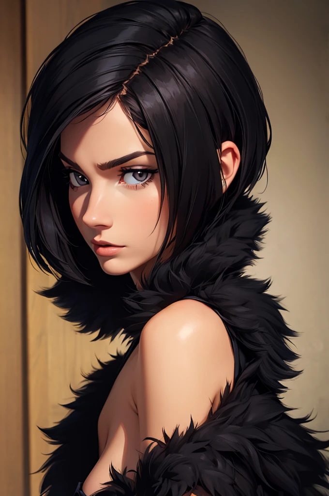 beautiful woman, with clothes, realistic photo (Best Quality), sexy and detailed face, short hair, black fur, serious face, small nose,