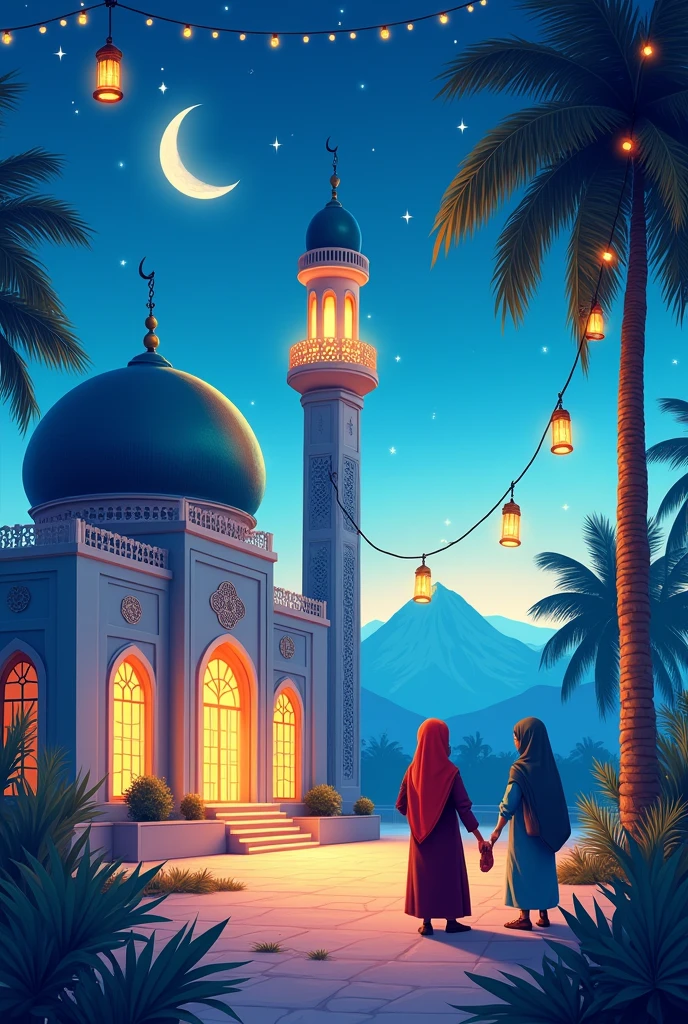 Make a book cover. 

- blue and white mosque with a palm tree and some designs 
- put some lanterns 
- include sky with moon and stars
- include hijabi girls and boys near mosque 
- make picture very colorful for kids
