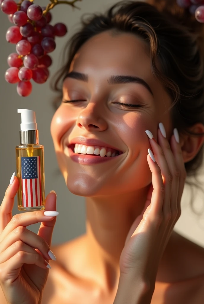 A woman with a happy face , doing your skin care, in the scene there are grapes falling on her face, with a close-up capturing the translucent smoked dropper bottle with black label and gold letters reading trans resveratrol, the label contains the outline of the US map filled with the small US flag, at the top and bottom of the label there is a gold bar and the word drop in cursive letters.