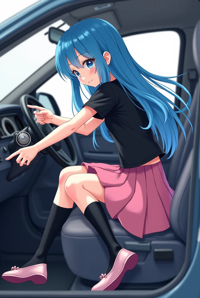 Girl with long blue hair, black t-shirt, pink skirt, black knee socks and pink ballerina shoes in a car pumping the Pendel  on the matching seat
