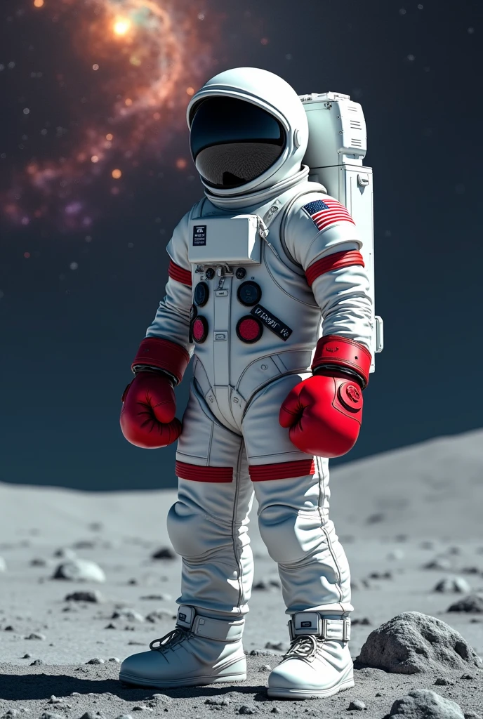 astronaut with red boxing gloves on the moon in the distance a galaxy in the background