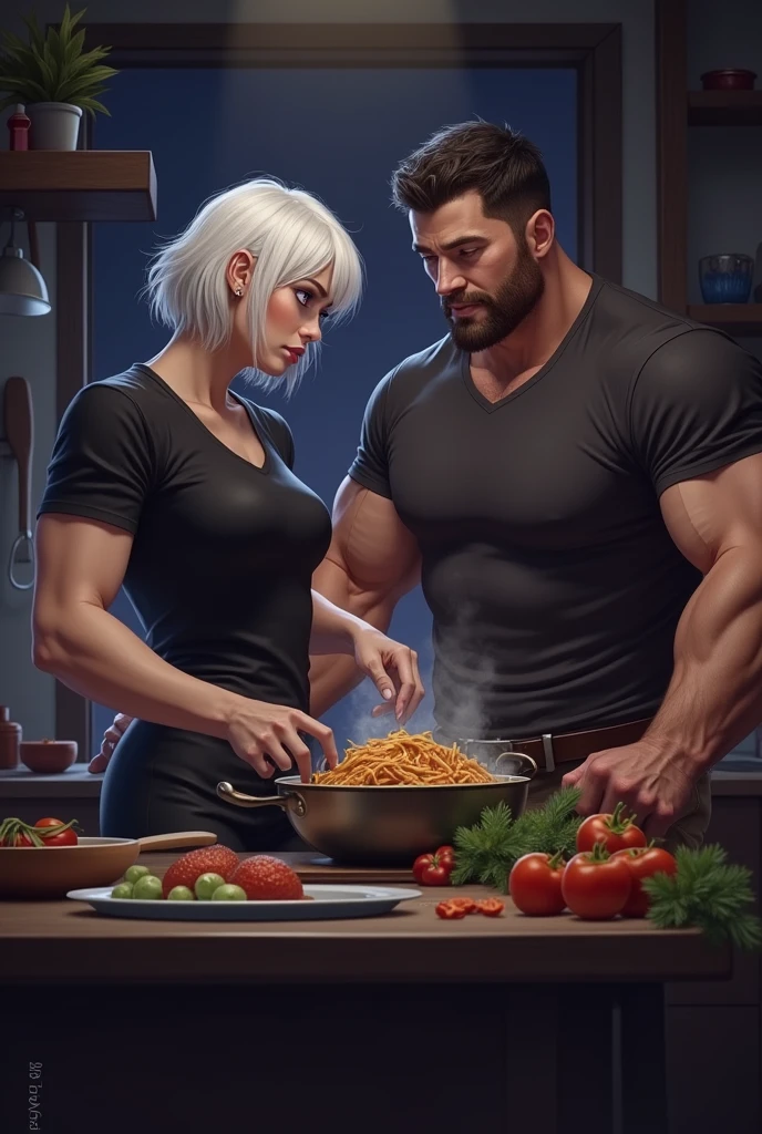 A couple in the kitchen cooking, the woman has very short white hair and violet eyes, the man is very strong, he wears a black shirt and a belt around his waist and has strong arms, they are cooking at night and are not far from each other