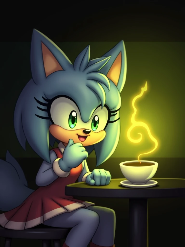 Amy_Rose, furry, pink skin, red dress, small skirt, gloves, green eyes, looking at viewer, smiling, happy, mouth open, small table, 
sitting, inside a cozy cafe, drinking a coffee cup, playful ambiance, extreme detail, masterpiece,  