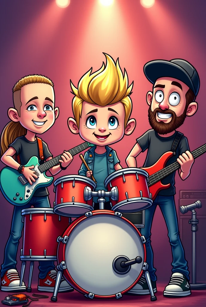 Draw in a cartoon way a music band with a drummer in the middle with a short blond mullet, a guitarist on the left with shaved hair and a cap and a bass' musician on the left with shaved hair and a cap and a beard.