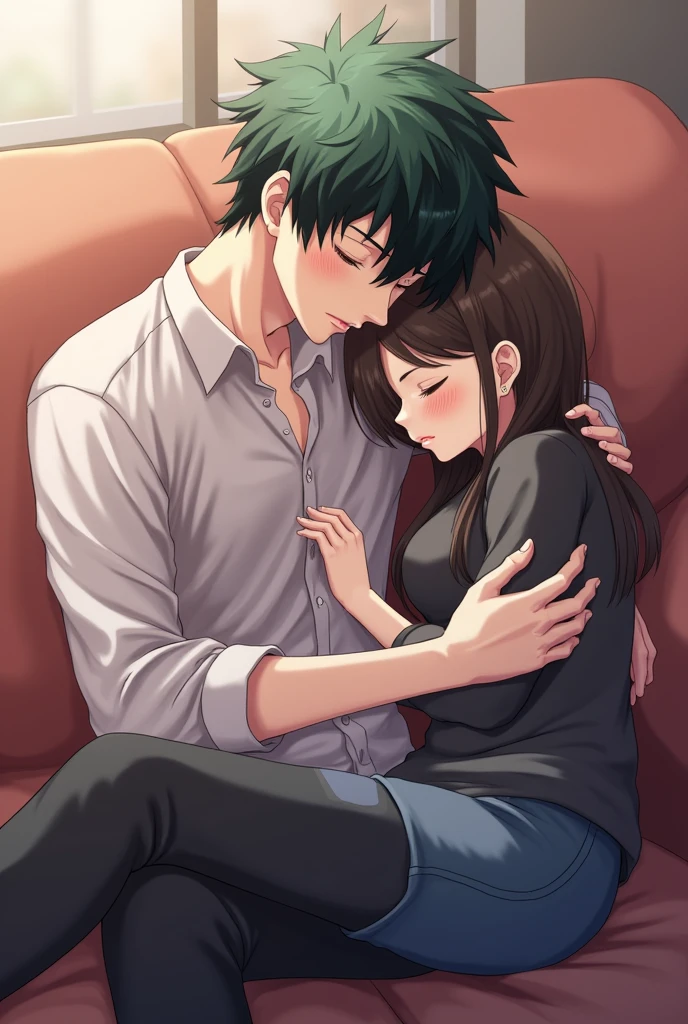 Shoto todoroki in my hero academia sleeping sitting on the couch hair flat, une fille qui se colle à lui