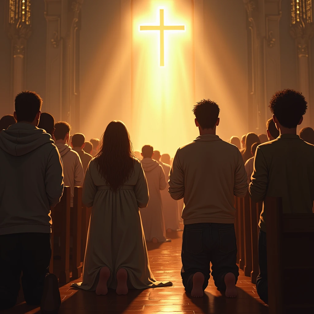 "A large crowd of people kneeling in prayer inside a Protestant church. The atmosphere is filled with light, casting a warm glow throughout the room. Some individuals are visibly emotional, with tears streaming down their faces as they pray. The church interior is simple yet reverent, with wooden pews, soft lighting, and a peaceful ambiance."