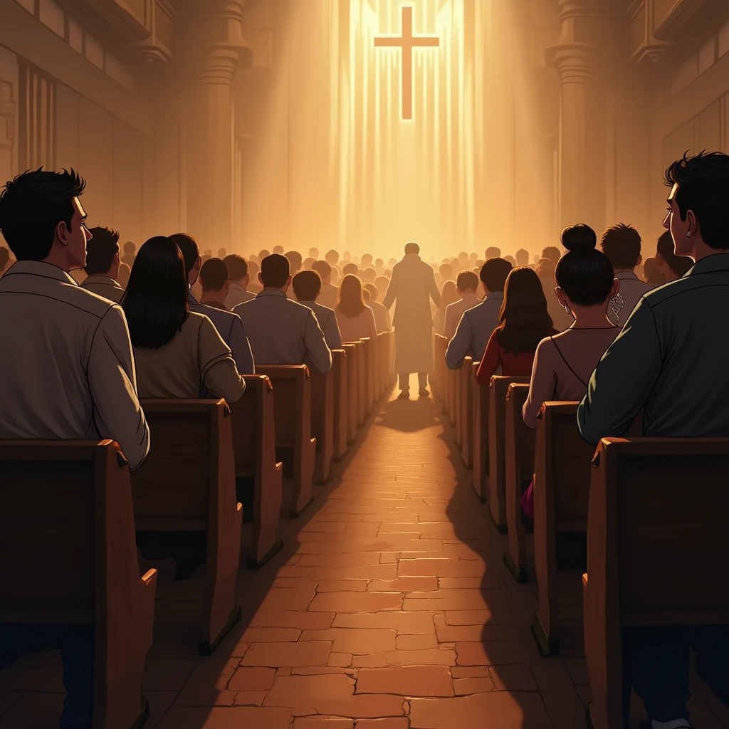 "A large crowd of people kneeling in prayer inside a Protestant church. The atmosphere is filled with light, casting a warm glow throughout the room. Some individuals are visibly emotional, with tears streaming down their faces as they pray. The church interior is simple yet reverent, with wooden pews, soft lighting, and a peaceful ambiance."