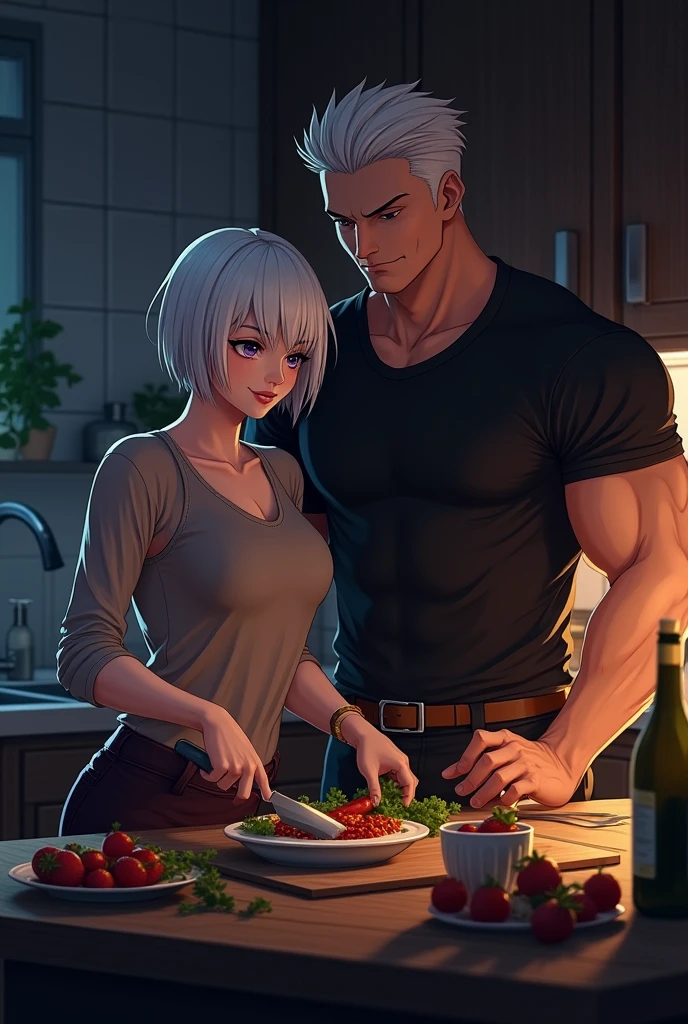A couple in the kitchen cooking, the woman has very short white hair and violet eyes, the man is very strong, he wears a black shirt and a belt around his waist and has strong arms, they are cooking at night and are not far from each other