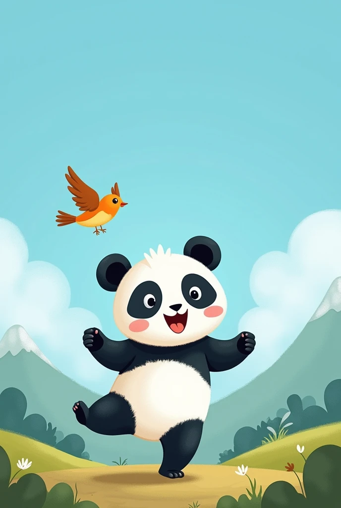 A panda was dancing on the mountain, and a sparrow was singing and flying next to it. blue sky, whimsical illustration, children's book, funny.
