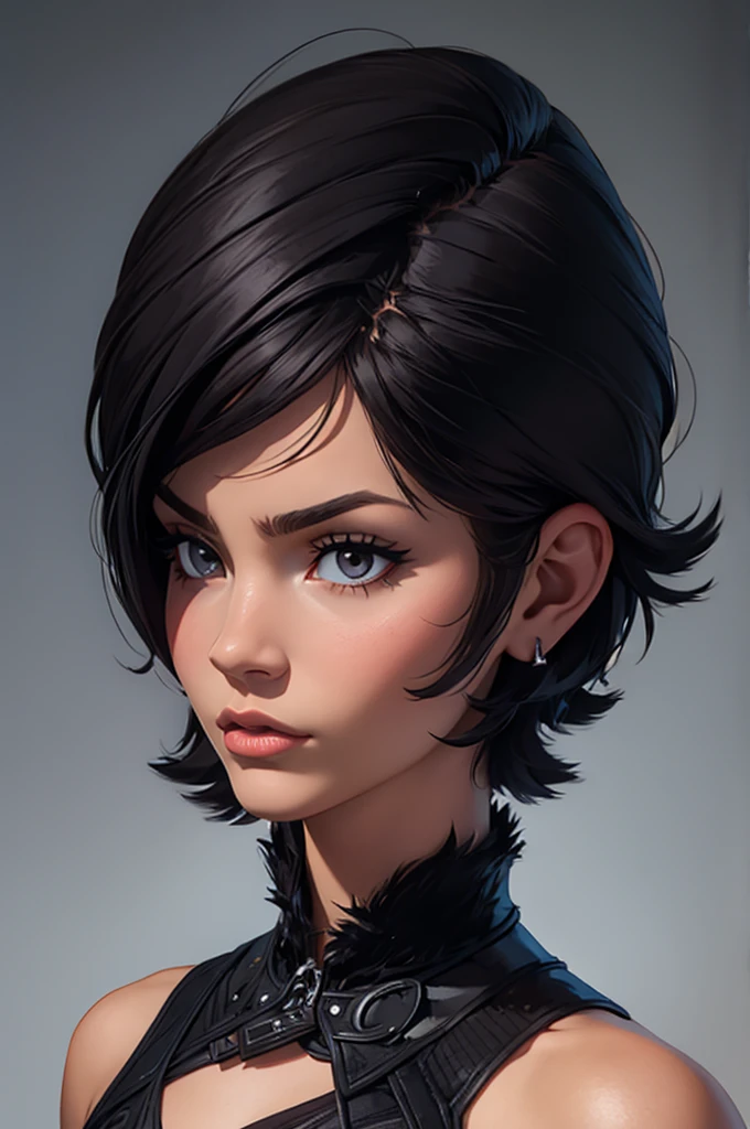 beautiful woman, with clothes, realistic photo (Best Quality), sexy and detailed face, short hair, black fur, serious face, small nose,