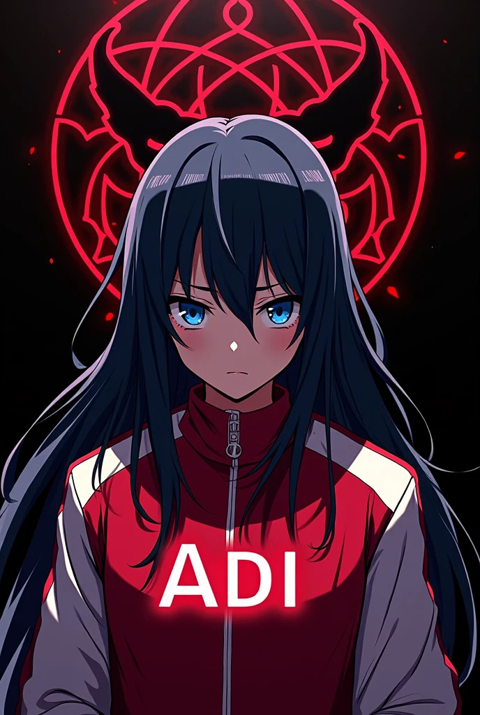 Create an image with a black background featuring a dangerous pattern. Include a adii white glowing text. Add an boy anime character with long hair covering half of their face, wearing a Demon Slayer jacket in red and white colors. The character should have blue eyes, giving off a mysterious and intense vibe." For Instagram dp