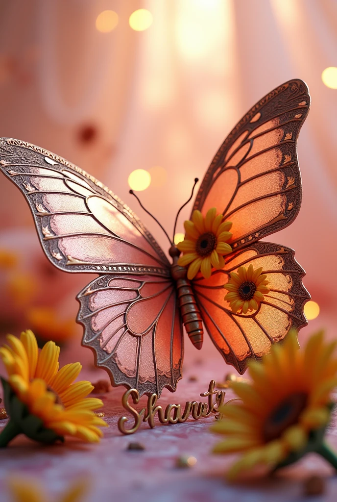 Photo and 3d, image of a baroque butterfly in rose gold tones, On one of its wings it carries beautiful sunflowers of different sizes, It is located in a tender space surrounded by bright and colorful lights., Below it is written the word SHANTY in metallic cursive letters