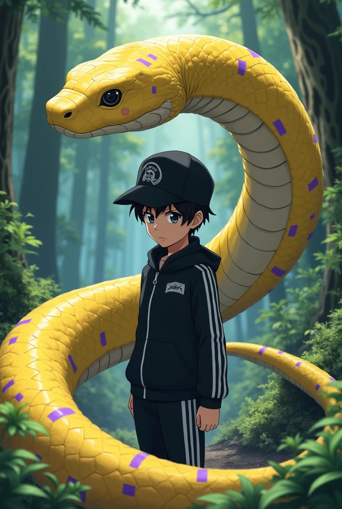 Young character of anime man with black hair and black eyes serious with black clothes with white stripes in a forest with a 3 meter yellow snake with purple and hat full body