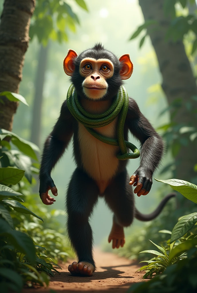 1Monkey, with_snake, walking, in_jungle, realistic, midriff, tree, nature, circlet, leaf, outdoors