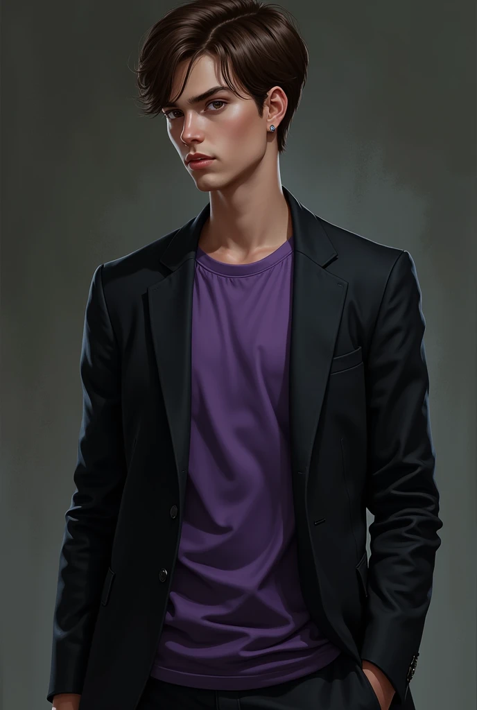 Tall lean teenage boy with combed brown hair and big brown eyes and a mean smile wearing a purple t shirt and black blazer