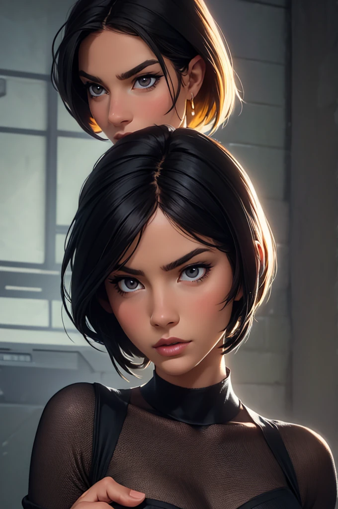 beautiful woman, with clothes, realistic photo (best quality), sexy and detailed face, short hair, black hair, serious face, small nose,