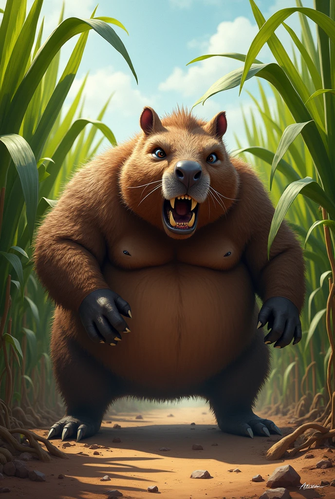 Angry fat capybara in sugarcane field