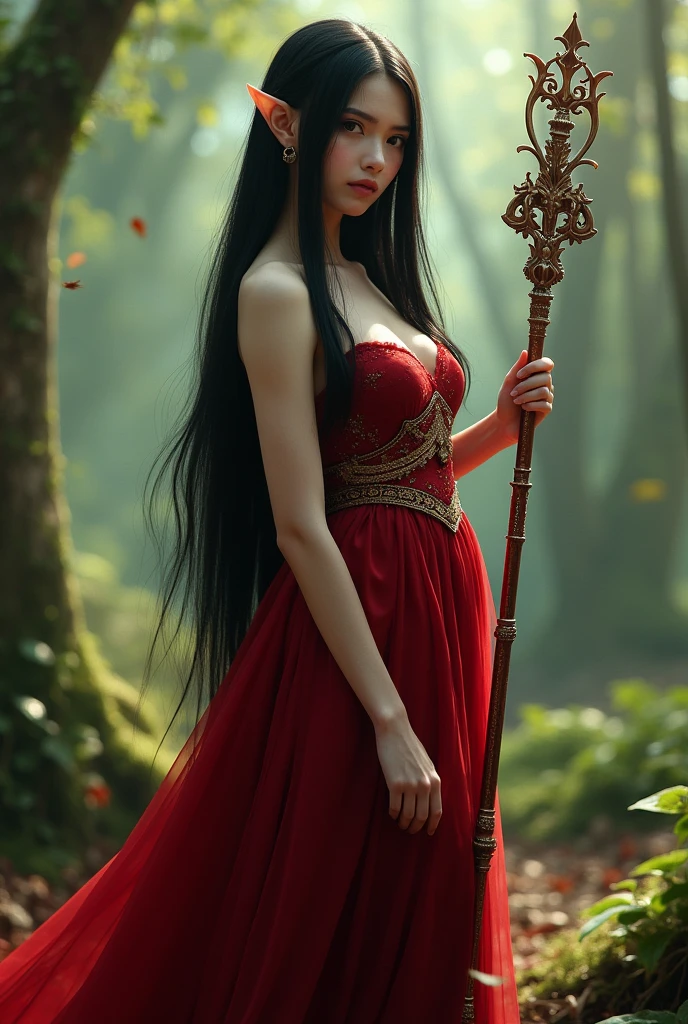 woman, long straight black hair, elf type, cherry dress, large bust, in fantasy forest, with a scepter, looking at the camera, photorealistic
