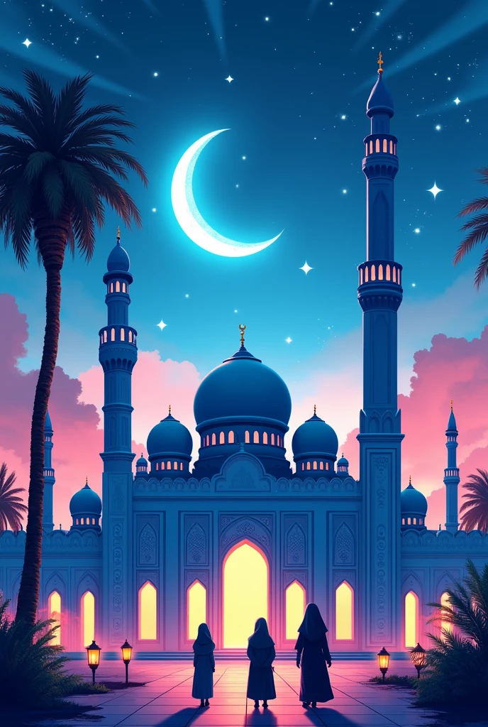 Make a book cover.
- blue and white mosque with a palm tree and some designs
- put some lanterns
- include sky with moon and stars
- include hijabi girls and boys near mosque
- make picture very colorful and graphics