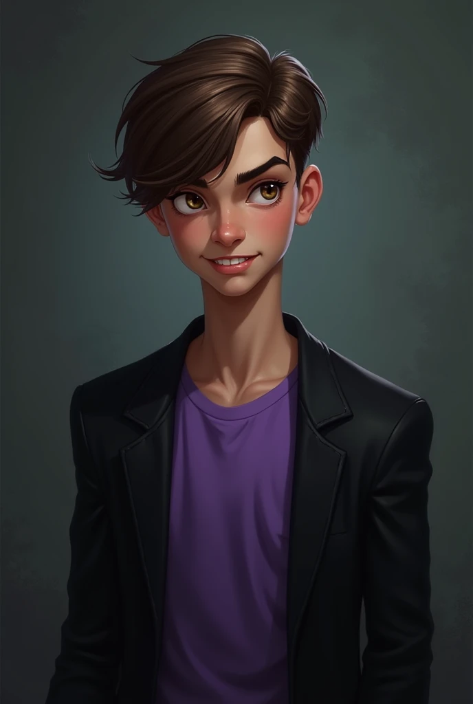 Tall lean teenage boy with combed brown hair and big brown eyes and a mean smile wearing a purple t shirt and black blazer