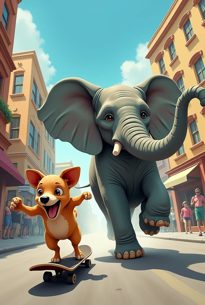 A dog on a skateboard and an elephant who thinks he&#39;s a chihuahua and is chasing him