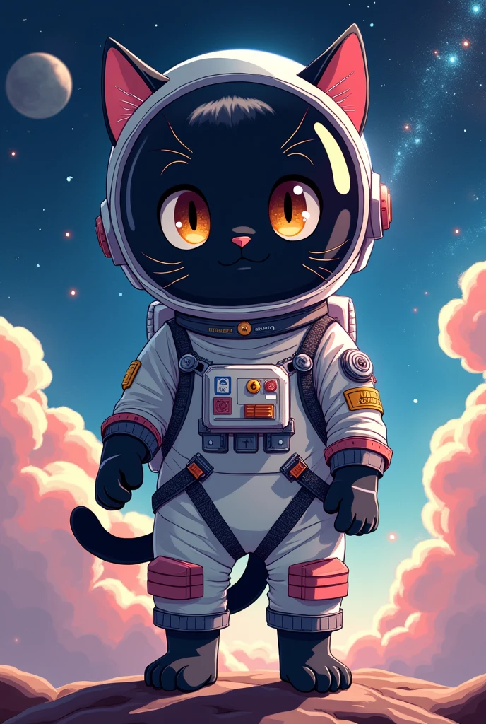 Create an anime-style image of a black cat dressed as an astronaut 