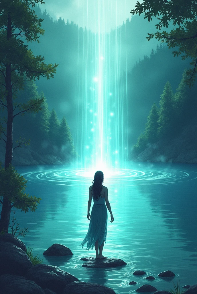 Create a black and white lineart illustration Scene: Lake with a visible magical aura, perhaps with bright shades of blue and green, as Marine tries to connect with the water. The beams of light may reflect on the surface of the water, creating a mystical and ethereal atmosphere.