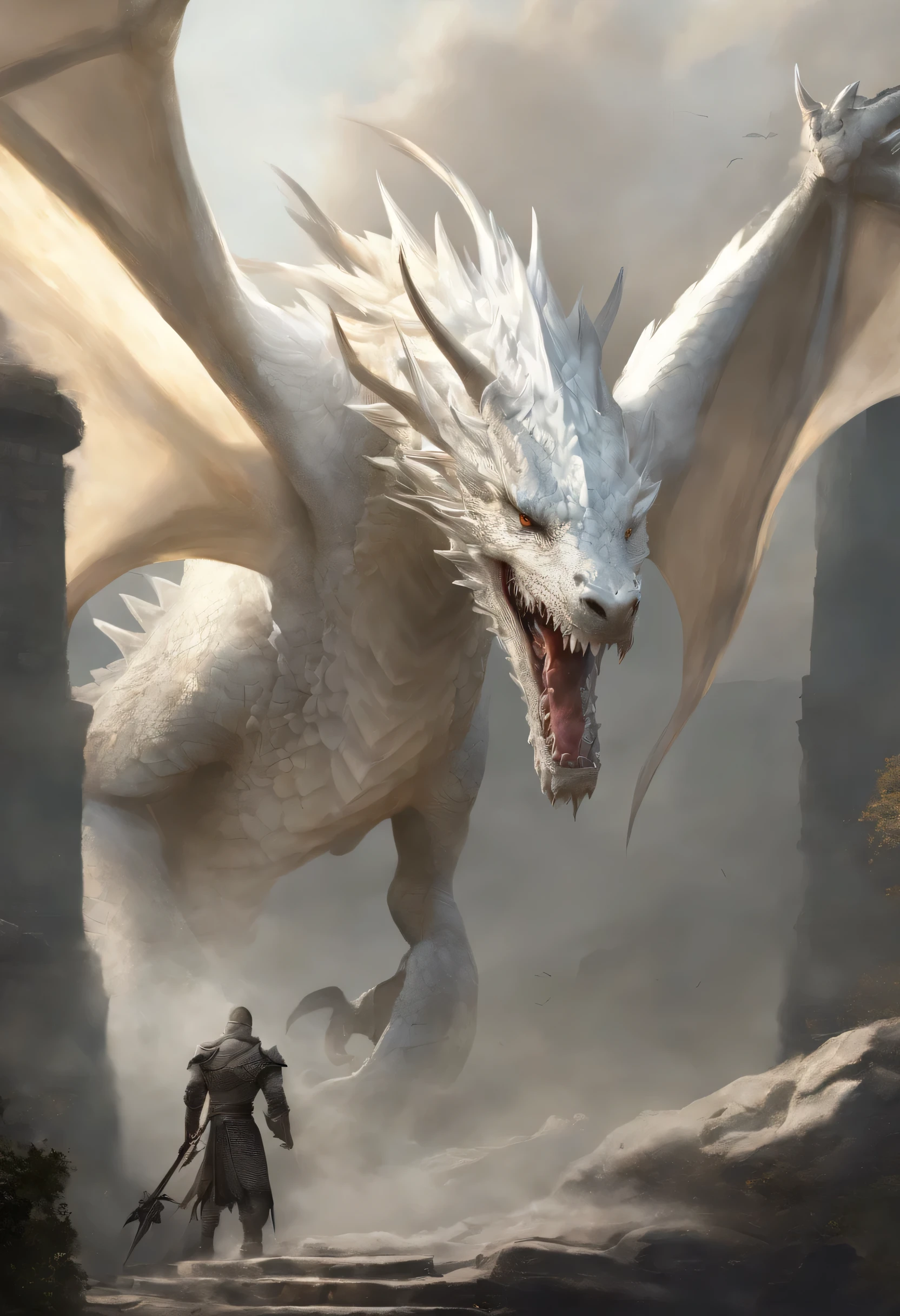 mythologyDragon , white dragon Realistic, game off thrones ART, white dragon, largar jawbones, large jawbones form, entre body, house of dragon ART, flying