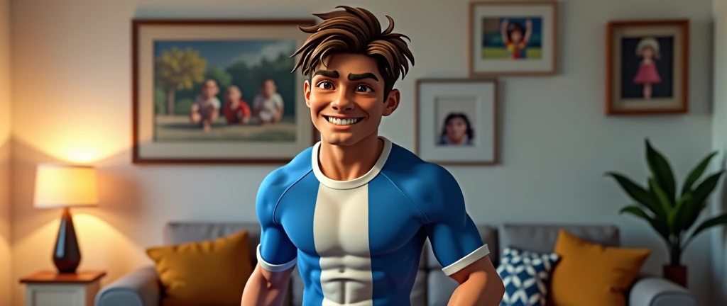 A 3D style of a muscular 15 year old boy in a blue and white soccer uniform is very boring. background living room of the house