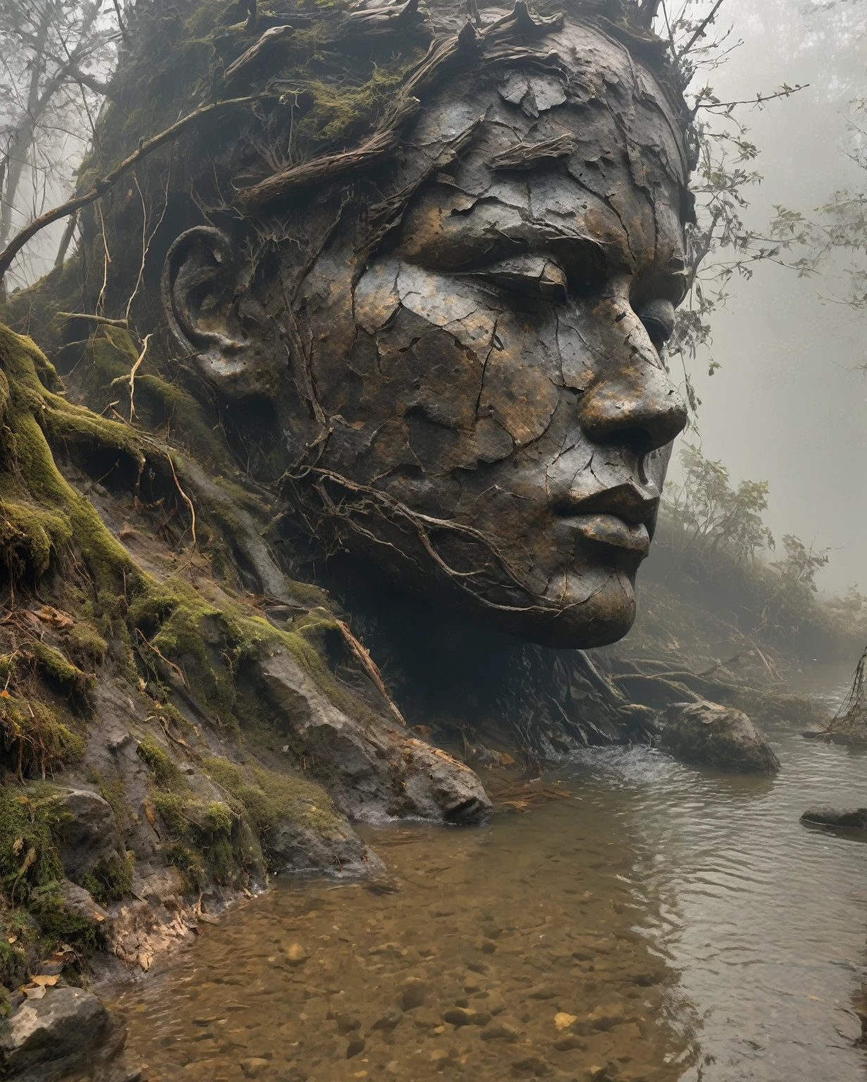 in a desolate landscape,(Close-up of a huge handsome sculpture head lying in the water)。The scene is shrouded in thick fog,Adds a sense of mystery and loneliness。The object itself appears dilapidated,There are cracks and signs of decay。the sculpture is surrounded by dry branches,In sharp contrast to the hazy background。Image quality reaches the highest level,Resolution is 4k or 8k,Capturing every intricate detail and texture。The realism of the artwork is emphasized,Demonstrating exquisite craftsmanship and lifelike characterization。Lighting is carefully planned,Cast shadows and create dramatic highlights,Enhances the overall atmosphere。Dark and soft tones are the main colors of the work.,Also adding some subtle desaturated tones and earthy tones。Tip Completed,Stable diffusion is possible。