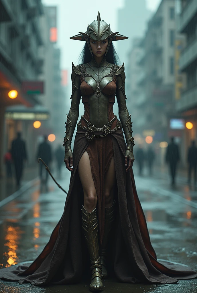 Female warrior,alien body invasion,Heavy metals,energy line,anonymous,bright eyes,elegant,excruciating,brown and white uniform,helmet bị biến dạng,Alone,modern,city,street,Dark Clouds,Thunder,heavy rain, ,Impressive lighting,,(Masterpiece:1.2), Highest quality, High resolution, Beautiful detail, high detail, perfect light, helmet, Dark Clouds, desert