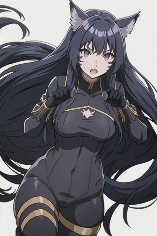 bodysuit, black bodysuit, delta, long hair, black hair, animal ears, purple eyes, cat ears, animal ear fluff, facial mark,