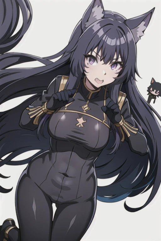 bodysuit, black bodysuit, delta, long hair, black hair, animal ears, purple eyes, cat ears, animal ear fluff, facial mark,