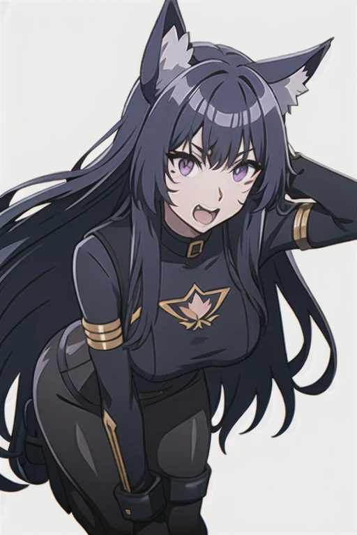 bodysuit, black bodysuit, delta, long hair, black hair, animal ears, purple eyes, cat ears, animal ear fluff, facial mark,