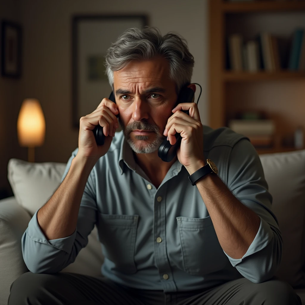 Generate an image of a handsome 53-year-old man dressed casually at home. He talking on his iPhone with a secretive attitude.