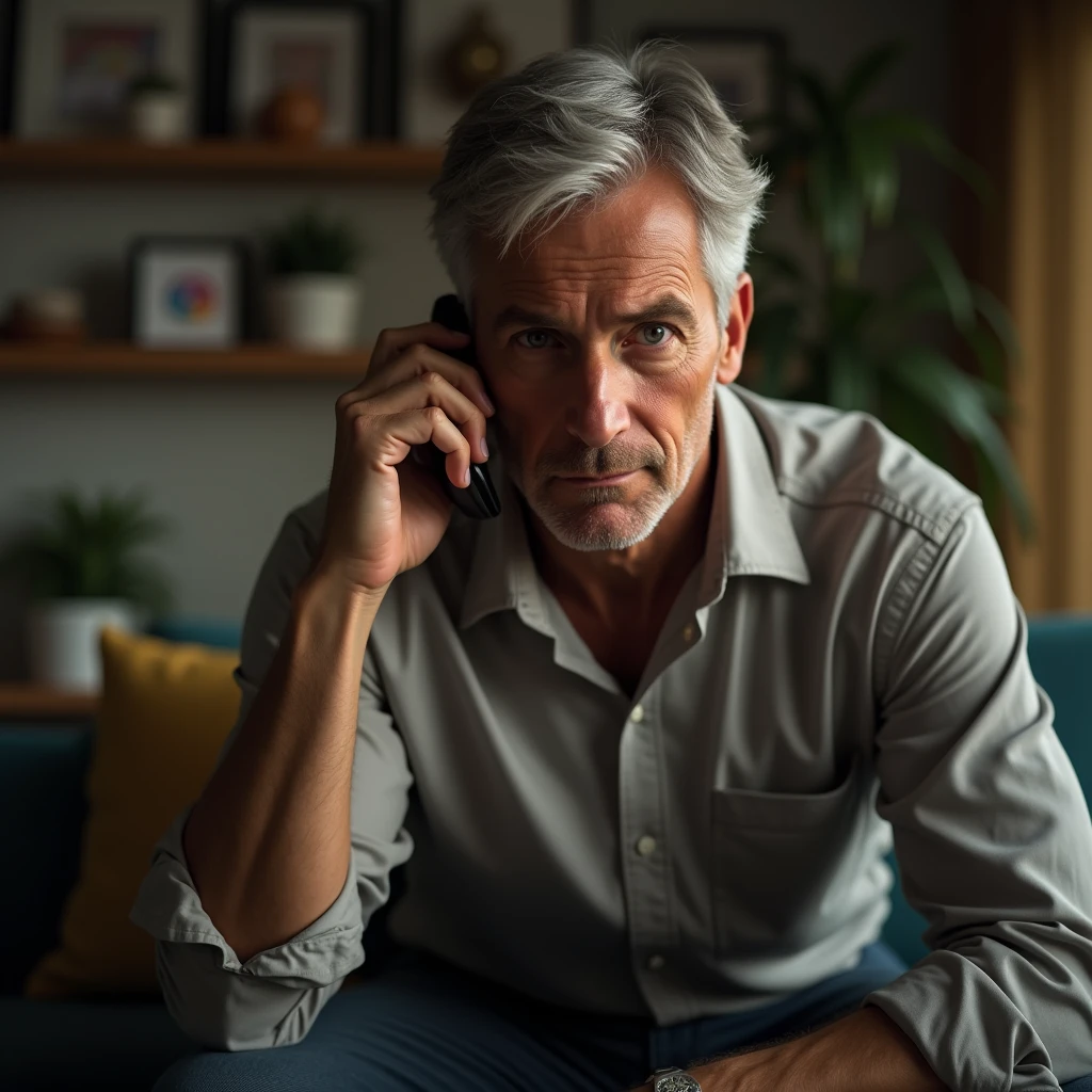 Generate an image of a handsome 53-year-old man dressed casually at home. He talking on his iPhone with a secretive attitude.