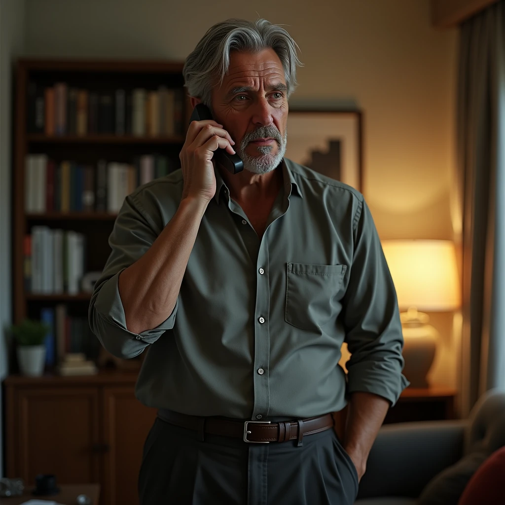 Generate an image of a handsome 53-year-old man dressed casually at home. He talking on his iPhone with a secretive attitude.