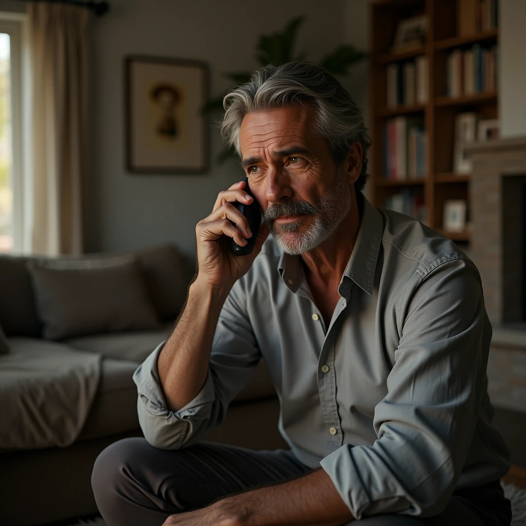 Generate an image of a handsome 53-year-old man dressed casually at home. He talking on his iPhone with a secretive attitude.