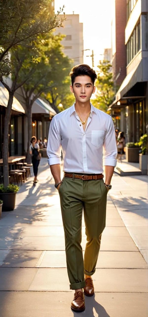 physical description:**
1. **Gender:** masculine.
2. **kor:** approximately 30 years old.
3. **Height:** cerca de 1,80 meters.
4. **Weight:** Approximately 75 kg, with a slightly athletic body.
5. **skin tone:** average, with an olive skin tone.
6. **muka:**
- **format:** muka oval.
- **eyeballs:** eyeballs castanhos escuros, with thick eyelashes and slightly arched eyebrows.
- **nase:** nase reto e proporcional ao rosto.
- **gura:** medium lips, with a slightly thinner upper lip.
- **cheekbones:** cheekbones definidas, but not prominent.
- **jawline:** jawline firme, with a slight dimple.
7. **hairs:**
- **Farbe:** dark brown.
- **length:** hairs curtos, but a little longer at the top, forming a small tuft.
- **styled:** well-groomed, com um leve brilho.
**expression Facial e Olhar:**
1. **expression:** drlight smile, with a confident and welcoming look.
2. **eyeballs:** Slightly squeezed as if focusing on something interesting.
**Roupas e Accessories:**
1. **chemise:** chemise social branca de algodão, well adjusted to the body, with the sleeves rolled up to the elbows.
2. **pants:** Beige twill pants, casual style.
3. **shoes:** Brown leather moccasins.
4. **Accessories:**
- Silver wristwatch on left arm.
- A simple silver chain necklace.
- Brown leather belt matching the shoes.
**stance e Position:**
1. **stance:** standing, with a relaxed posture, but confident.
2. **Position:** Slightly leaning forward, with one hand in his pants pocket and the other holding a cup of coffee.
**enviroment:**
1. **fund:** An urban street at dusk, with modern buildings in the background. Some trees lined up along the sidewalk.
2. **Lighting:** Soft late afternoon light, creating long shadows and a golden glow around the character.