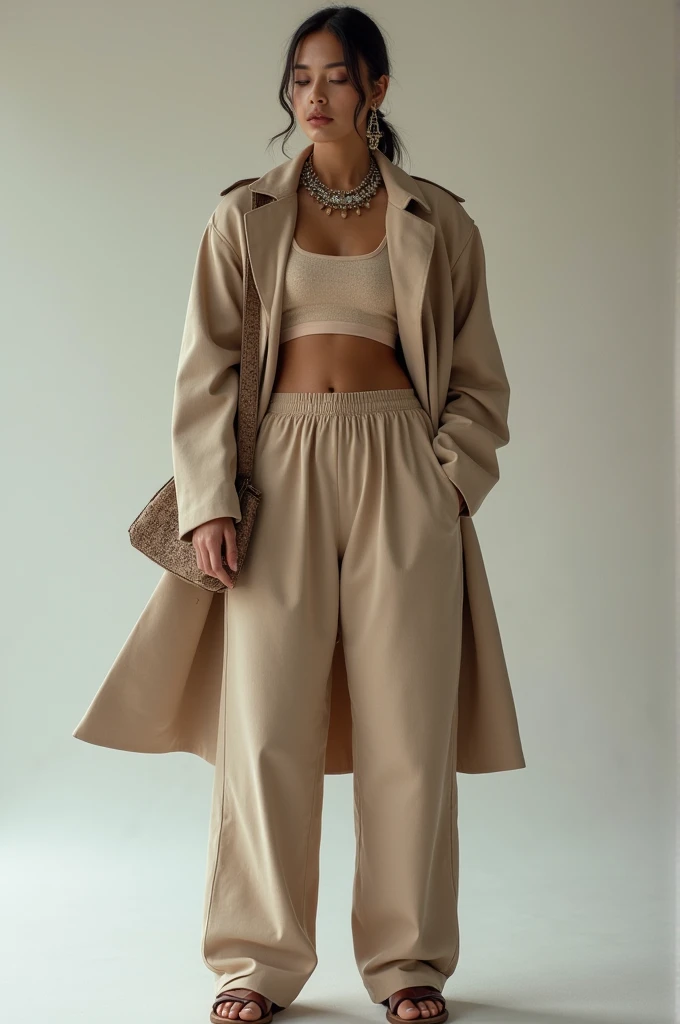 Baggy pants with a cropped top and jacket: Another way to style baggy pants is to pair them with a cropped top and jacket. The baggy pants provide a relaxed fit, while the cropped top and jacket add a touch of elegance. You can accessorize with statement jewelry and a tote bag to complete the look.