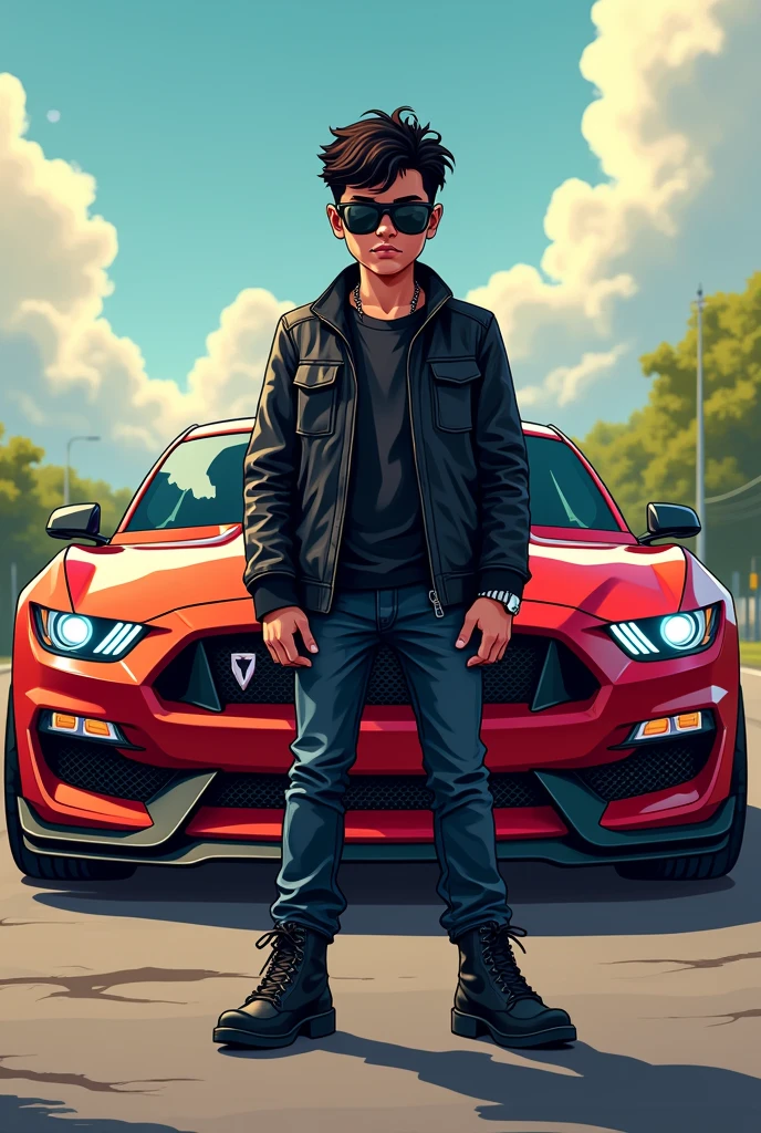 15 year Indian boy gangster
black gogles on face
Mustang shelby on background vector cartoon