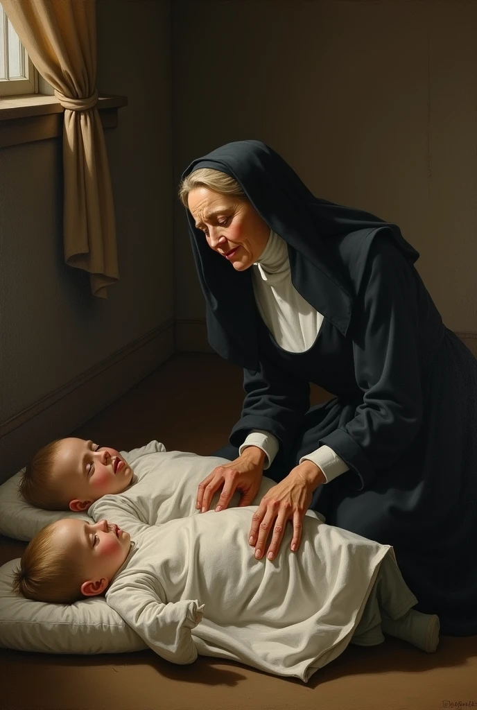 Create a sister of charity called Saint Elizabeth Anne Seton to cry for the death of her children and that she is at the side of her children and her children in a bed dead crying inconsolably and that she is the image as in that time the portraits were painted