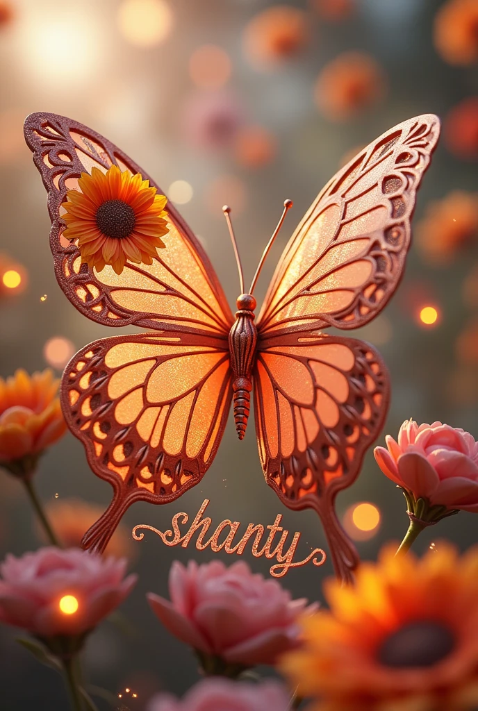 Photo and 3d, image of a baroque butterfly, with slats intertwining it, in rose gold tones, On one of its wings it carries beautiful sunflowers of different sizes, It is located in a tender space surrounded by bright and colorful lights., Below it is written the word SHANTY in metallic cursive letters