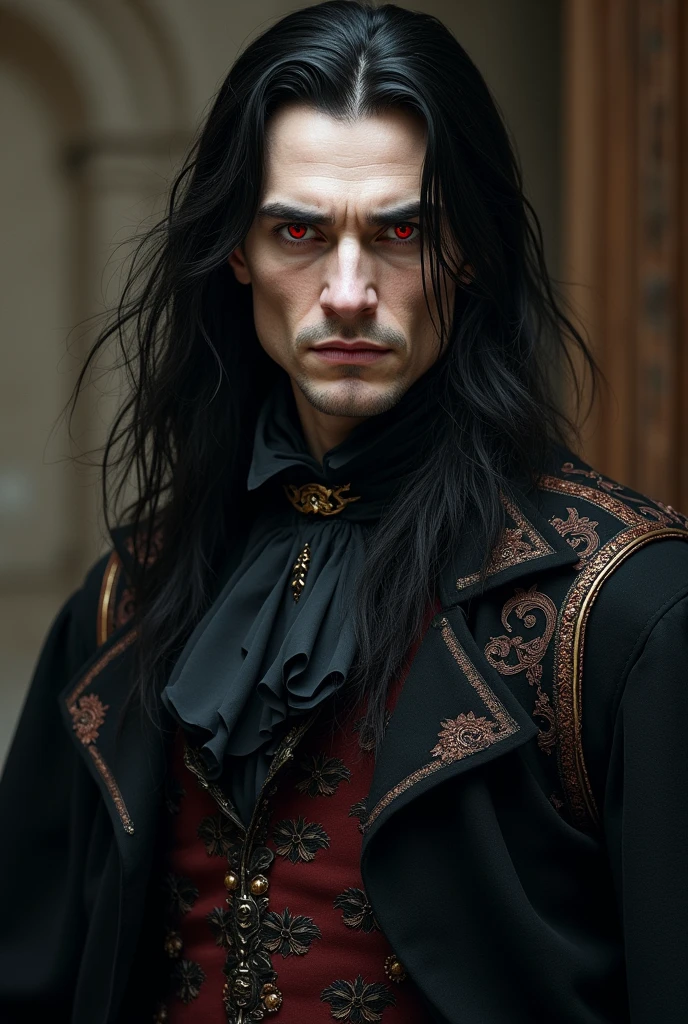 Make a vampire with long hair but very masculine and beautiful features, with reddish eyes and an imposing and serious expression and clothes from the s much paler