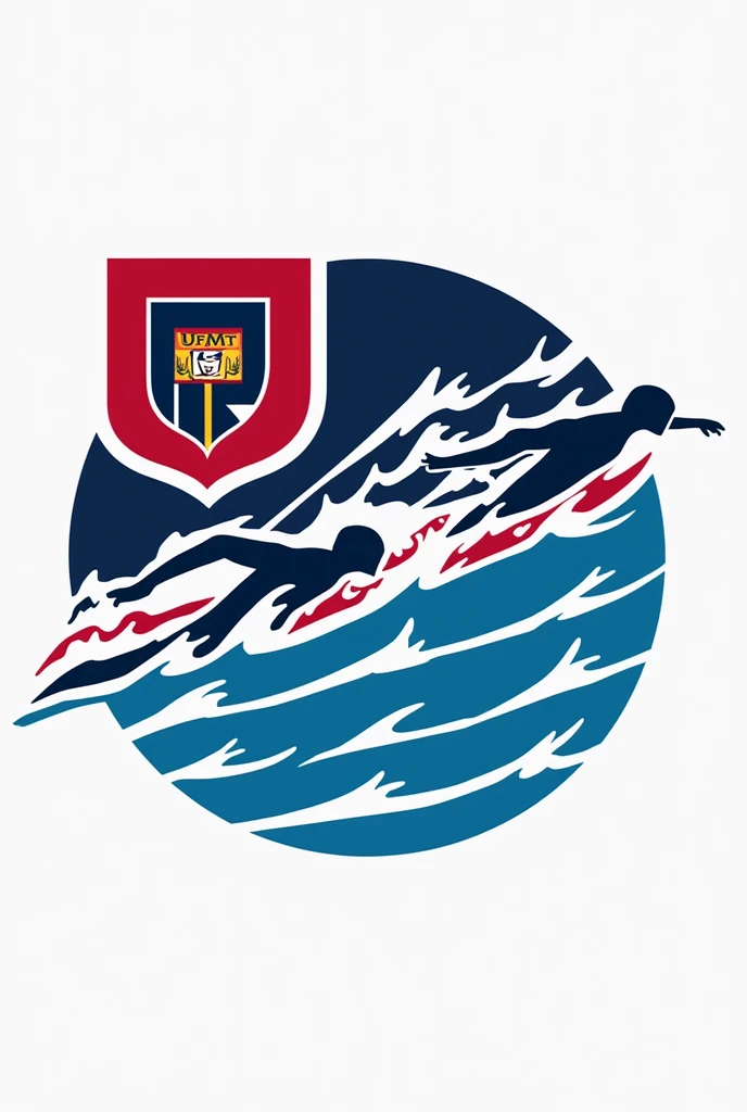 A logo for a swimming club called Raia Rápida - UFMT, This image must contain the UFMT logo, the club colors are dark blue, white and red. Use the pool lanes in the image.