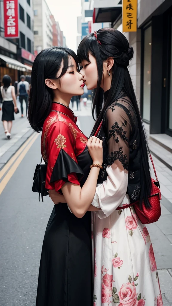 Two asian woman wearing fancy pretty cool dress, one of them has red hiar and other black hiar, kissing eachother , on street