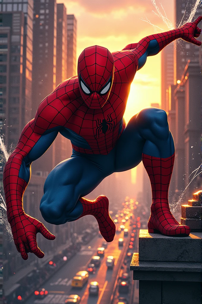 Spider-Man fights with every fiber of his being, In a shimmering twilight over New York, Retro comic style artwork, perfect composition,hyperrealistic,super detailed,high quality,sharp focus,studio photo,intricate details,highly detailed