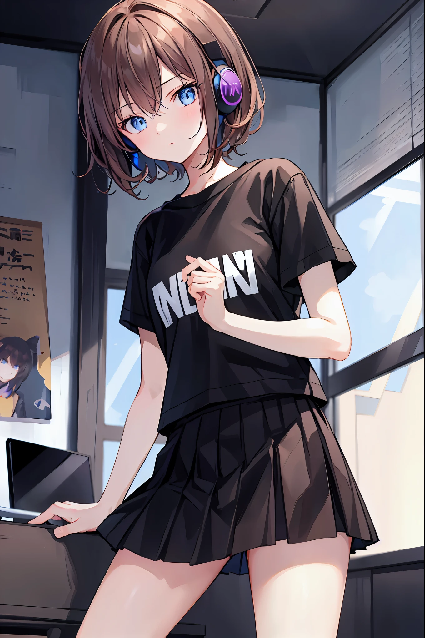1, teenager,,very cute , Desktop headphones, Black T-shirt,Tight Skirt,In a room with an electric guitar, Guitars are depicted realistically,Her captivating grey-blue eyes shine like stars, small town in japan/ Urban Background, High resolution, Super sharp, 8k, masterpiece, looking at the camera,Brown Hair,Shortcuts,Messy Hair,Slender beauty,A dignified posture,Beautiful feet,