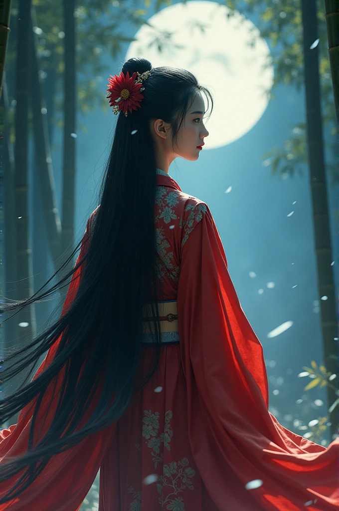 princess of Kaguya, (heian red:1.1) japanese clothes, wide sleeves, red (karaginumo:1.1), layered kimono, 1girl, solo, black hair (hime cut:1.2) very long hair spread out, (standing, frombehind), beautifully, aesthetic, wide shot, cinematic lighting, ultra wide angle, moonlight, starry sky, bamboo forest